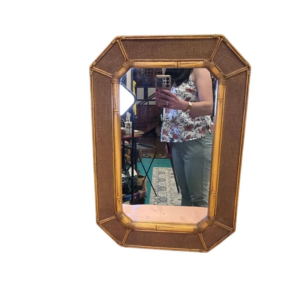 Vintage Faux Bamboo Rattan Wall Mirror MCM 70's Regency Coastal USA